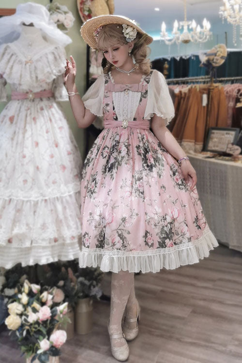 Rose-Printed Square-Collar Ruffled Vintage OP Gown in Pink