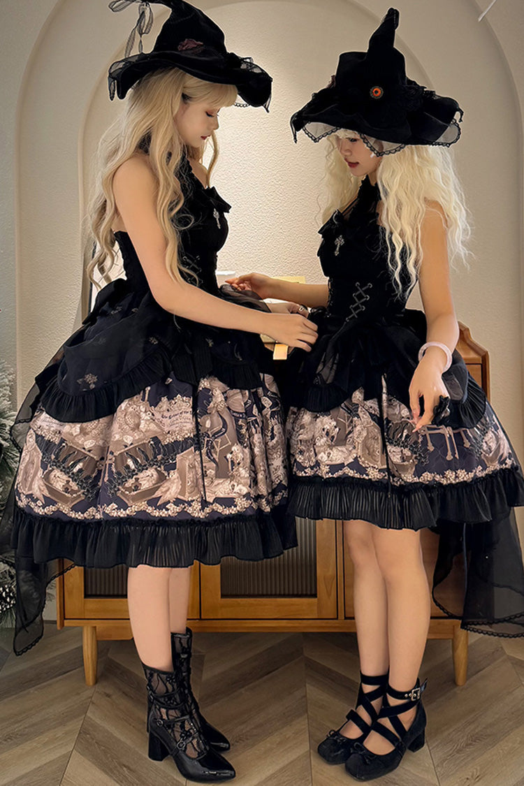 Black The Mystery of The Doll Halterneck Printed Ruffle Bowknot Drawstring Gothic Lolita Dress