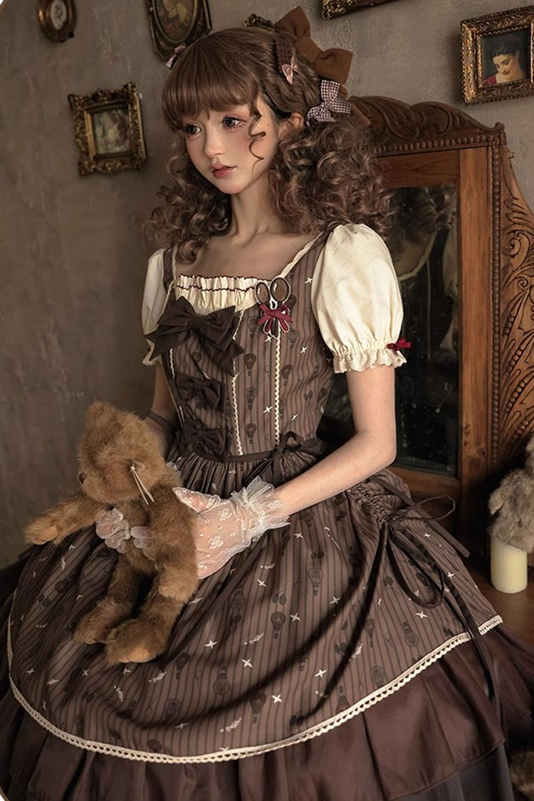 Brown Print Bow Sweet Elegant Princess Dress - Hot Air Balloon