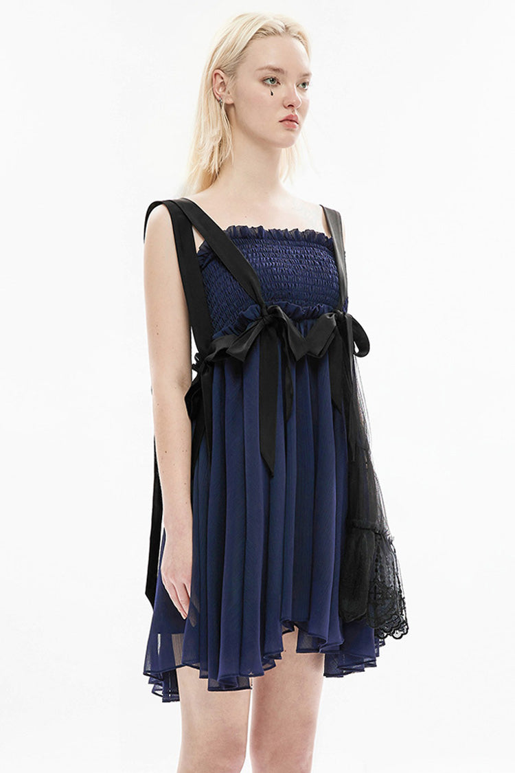 Blue Strap Big Bow Streamer Stitching Lace Suspender Gothic Dress