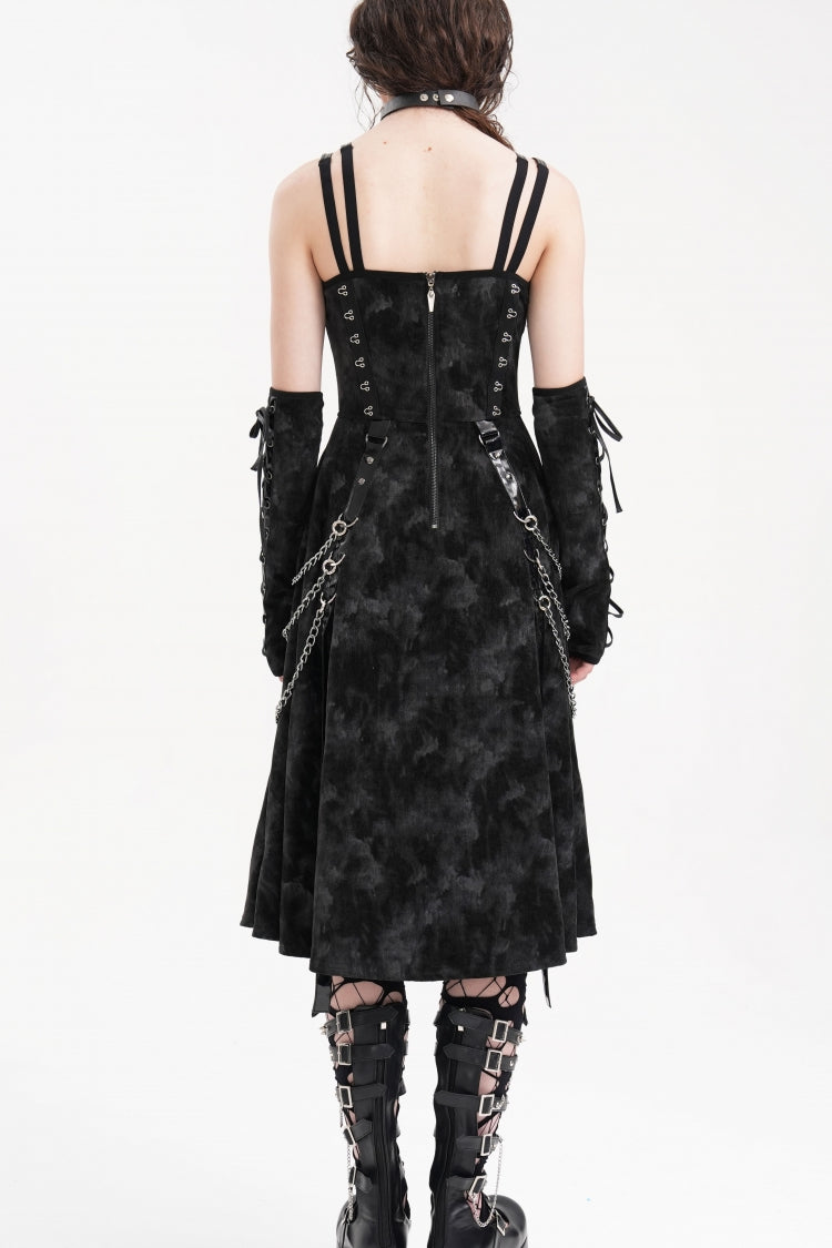 Gothic Slip Dress with Lace-Up Rings and Chains Plus Gloves