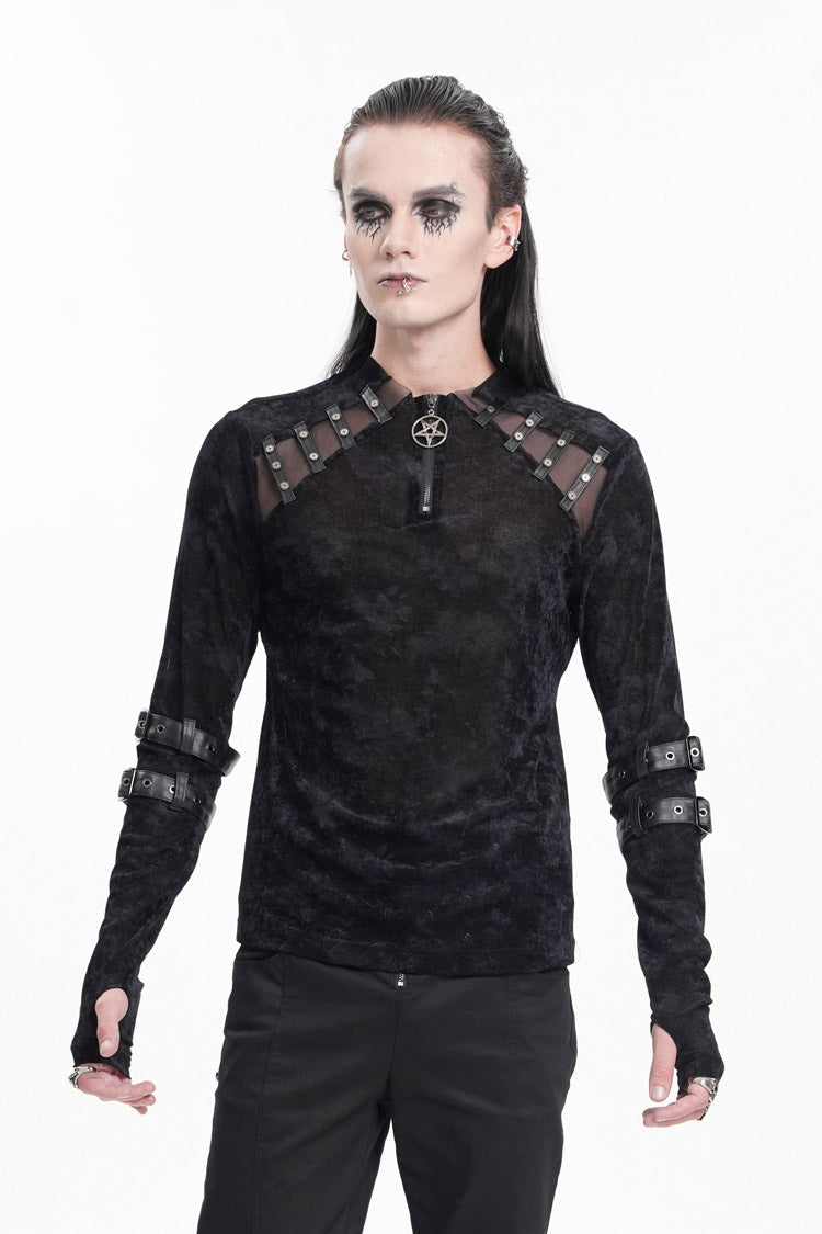 Midnight Crewneck Long-Sleeve Buckle Star Studded Gothic Tee for Men