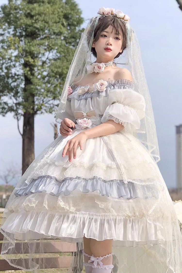 Long Sleeve Multi-Layer Ruffle Bow Lace Lace-Up Sweet Princess Lolita Dress - Grey Blue