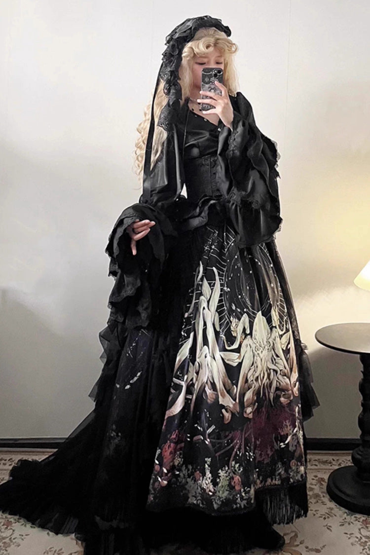 Black Reborn Ancient God Long Hime Sleeve Print Lace Gothic Lolita Skirt Set