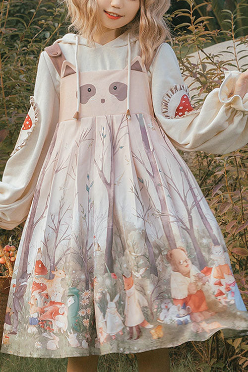 Raccoon Print Round Collar High-Waist JSK with Ears