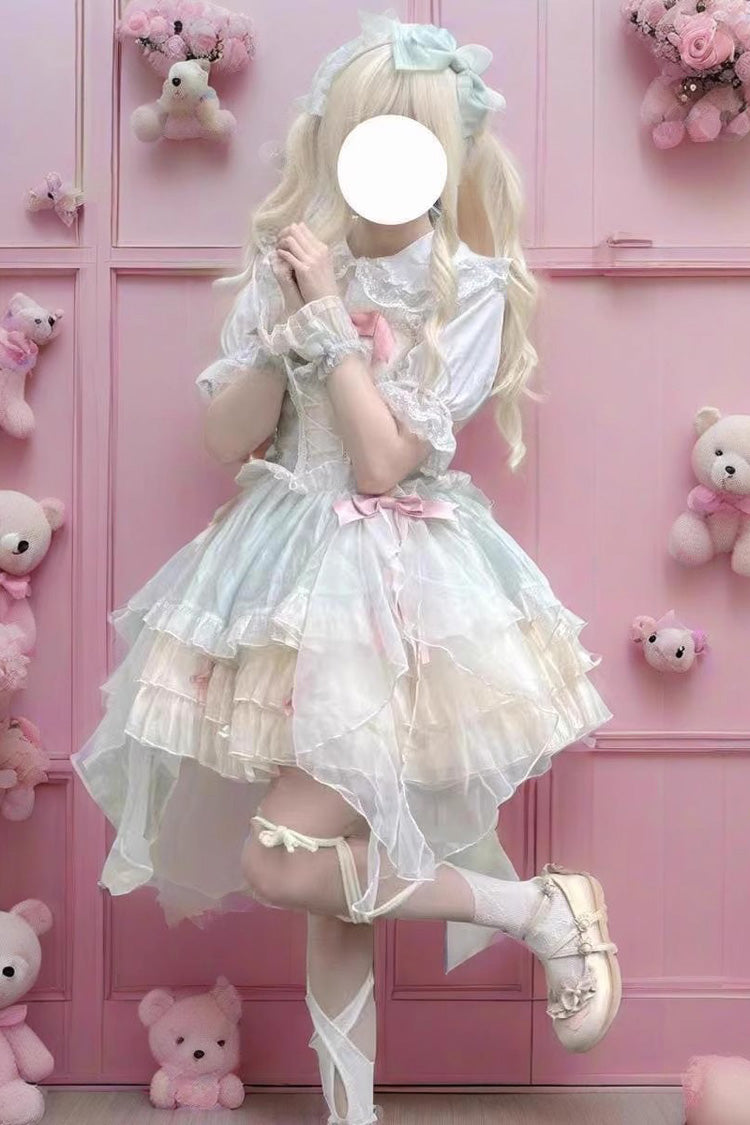 Sleeveless Triple-Layer Ruffle Bow Lace Sweet Princess Lolita Jumper Dress - Green
