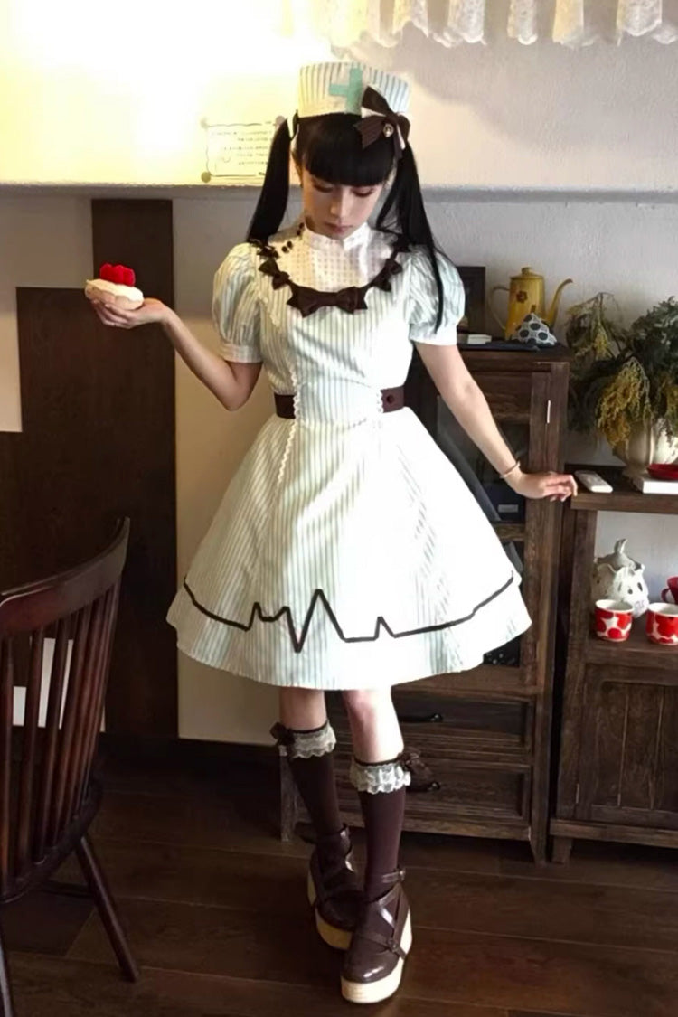 Green Striped Bow Nurse Lolita Stand-Collar