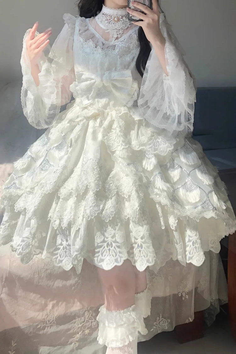 Ivory Peacock Feather Multi-Ruffle Bridal Cardigan Bow Lace Lolita JSK Set