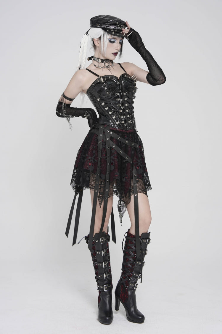 Noir & Scarlet Mesh Eyelet Laced Punk Skirt with Asymmetric Hem