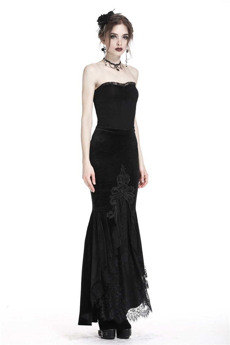 Sable Velour Lace-Trim Gothic Mermaid Skirt
