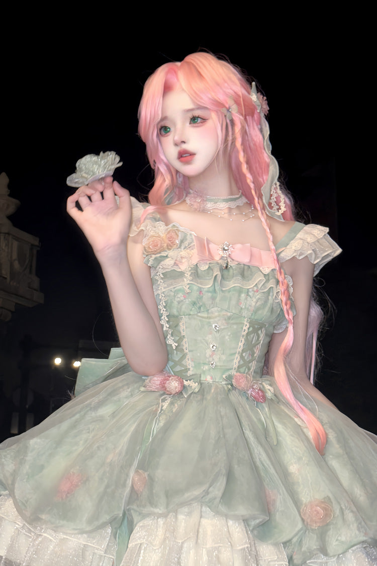 Emerald Flower Fairy Forest Garden Print Frill Bow Lace Gown