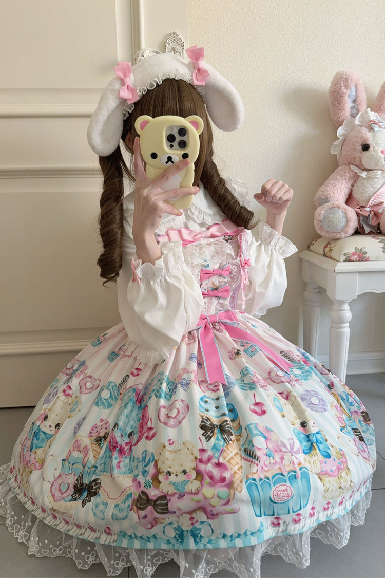 Ivory Bear Print Ruffle Bow Lace Sweet Princess JSK
