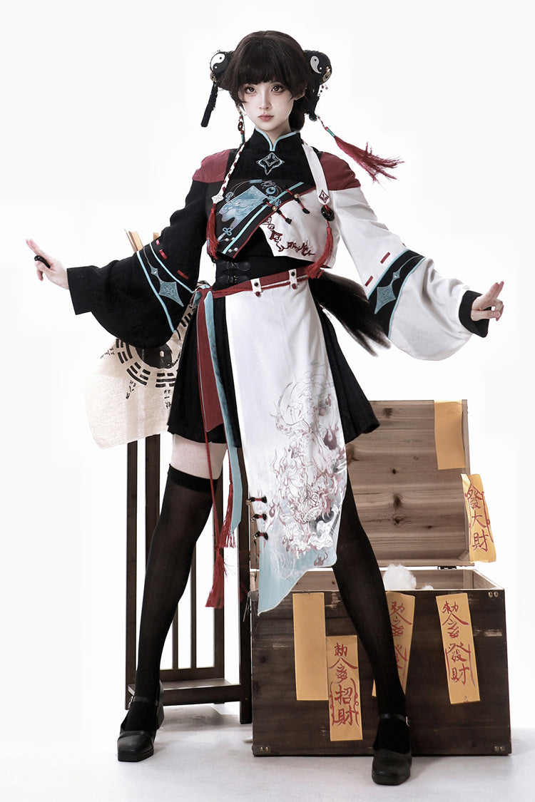 Multi-Color Asymmetric Chinese Ouji Skirt with Demon Print - Walking With The Demon