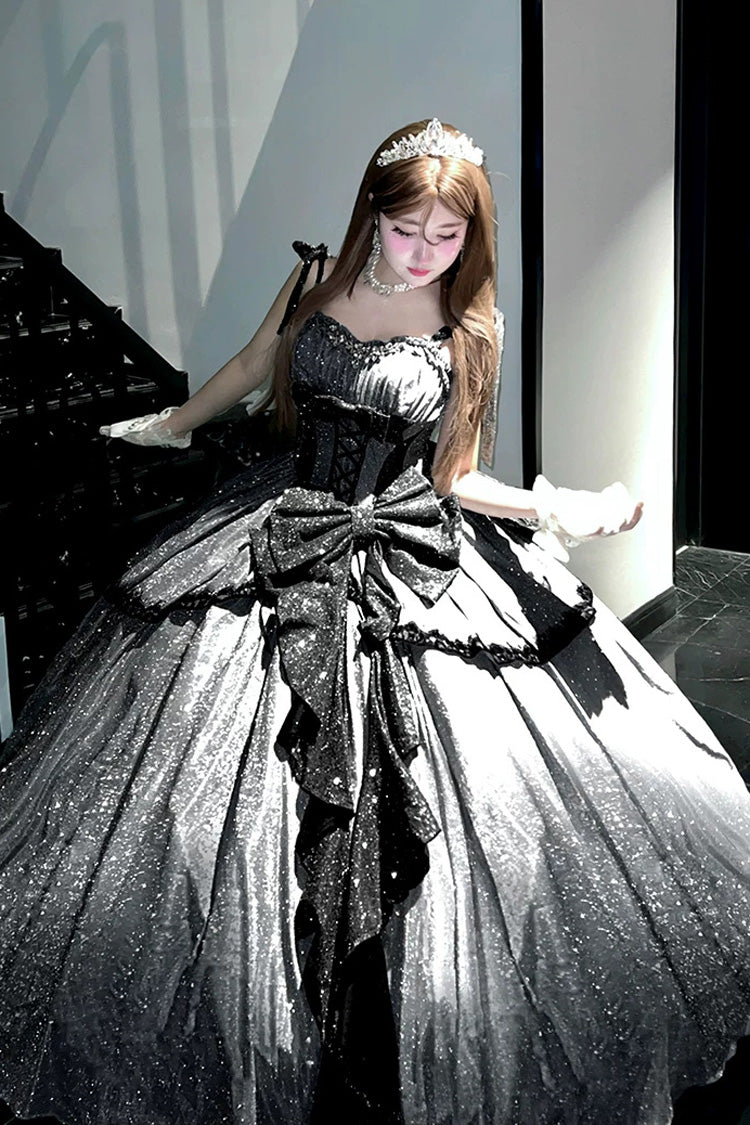Asymmetric Glitter Bow Jsk Dress - Galaxy of Fallen Tears