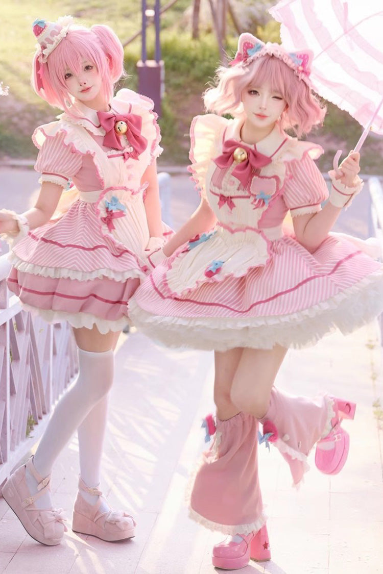 Pink Berry Bubbles Stripe Print Ruffle Bow Lace Sweet Lolita Dress