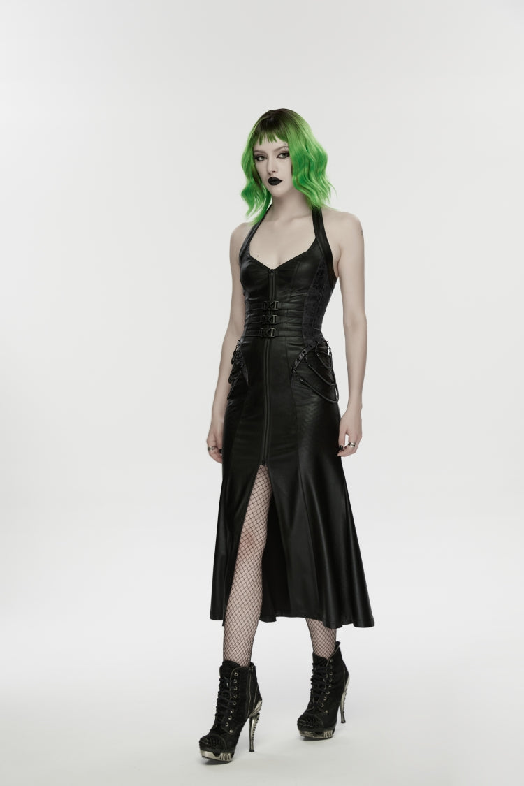 Bold Black Lace-Up Buckled Slim Sleeveless Halter Punk Gown