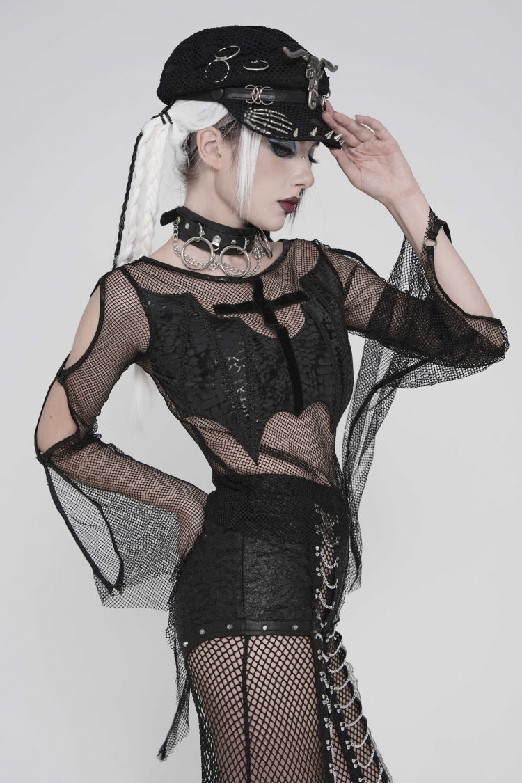Noir Crewneck Long-Sleeve Sheer Eyelet Punk Bat Cross Mesh Tee for Women
