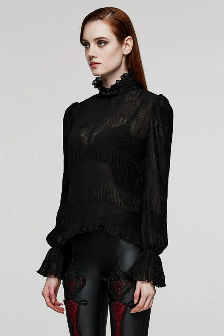 Jet-Black Gothic Blouse with Puffed Sleeves and Delicate Lace