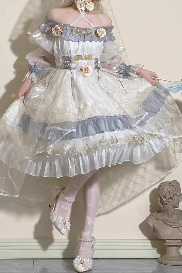 Long Sleeve Multi-Layer Ruffle Bow Lace Lace-Up Sweet Princess Lolita Dress - Grey Blue