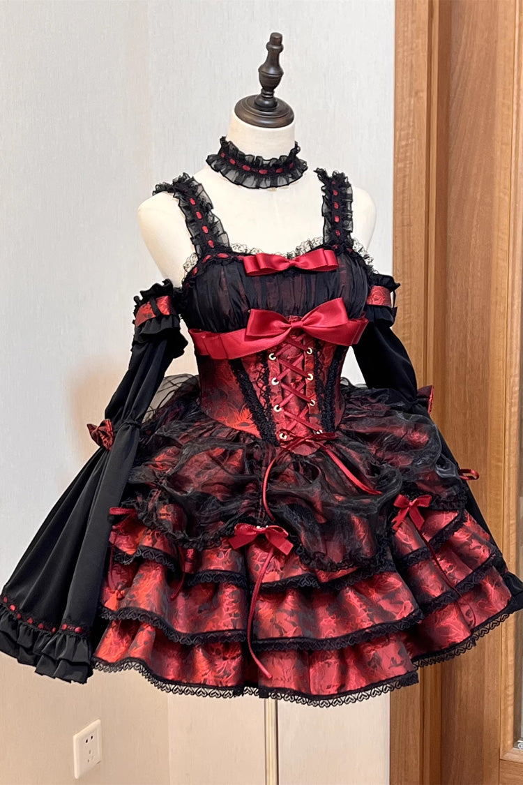 Black Red Sleeveless Multi-Layer Ruffled Lace-Up Gothic Jsk Dress