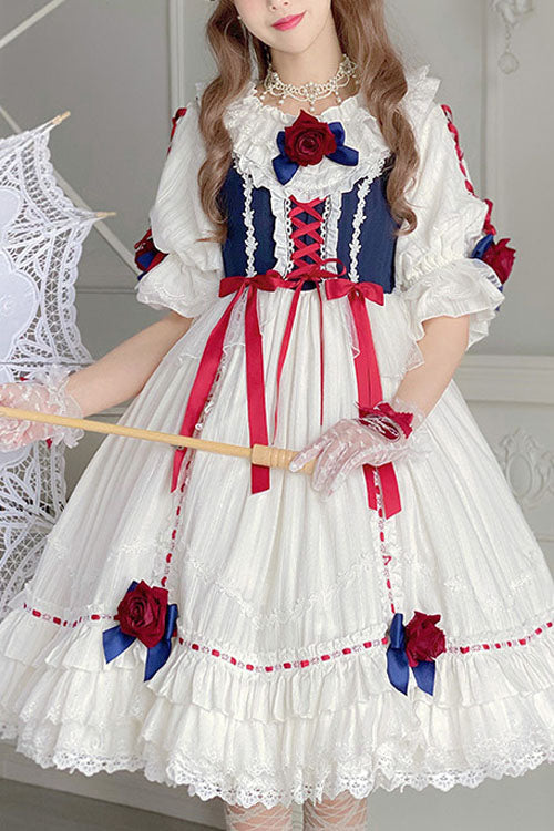 Cerulean and Ivory Round Collar Bow Short Sleeve Multi-Layer Ruffled Sweet Lolita OP Tiered Dress