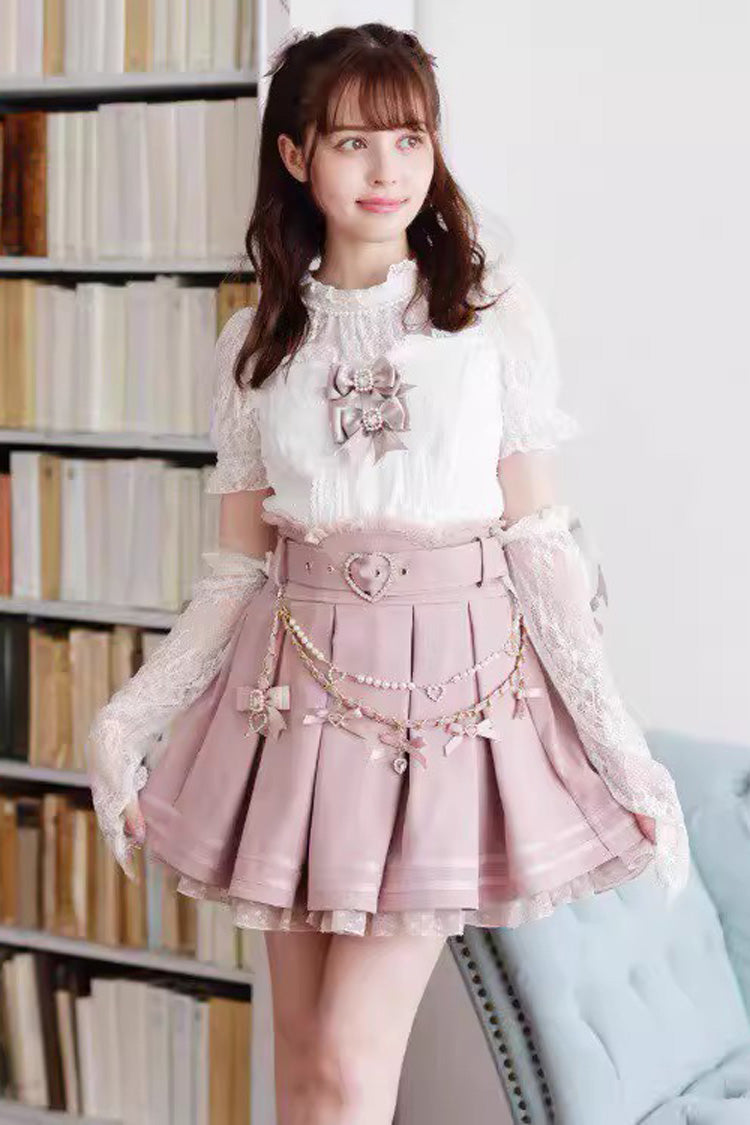 Pretty Heart-Belt Printed Ruffled Pearl and Chain Decorated Plus-Size Pleated Skirt