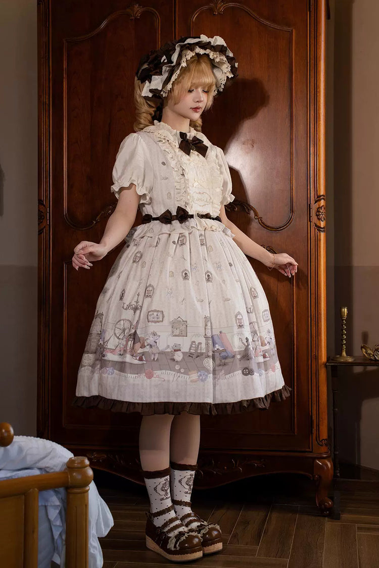 Cream Forest Tailor Shop Stand Collar Short Sleeve Printed Bow Frilled Sweet Lolita Dress