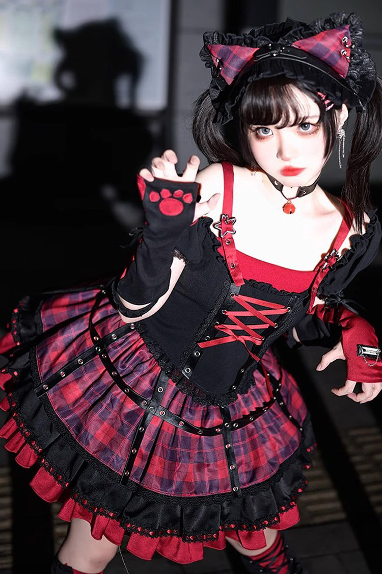 Black Red Print Ruffle Lace Up Gothic Japanese Princess Skirt Set