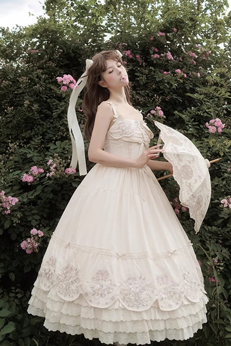 Apricot Princess Lolita JSK Dress with Triple-Layer Ruffles Embroidery Bowknot and Lace