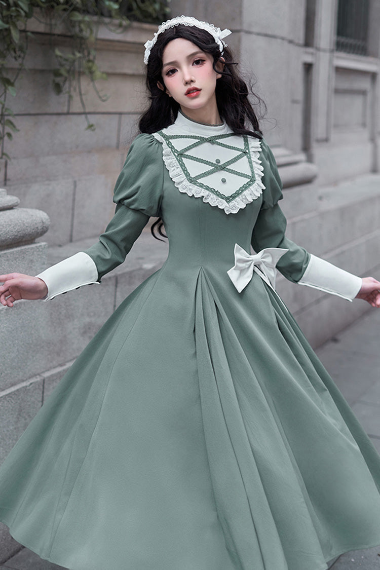 Emerald Nun-Inspired Stand-Collar Long-Sleeve Lolita with Ruffle Bow