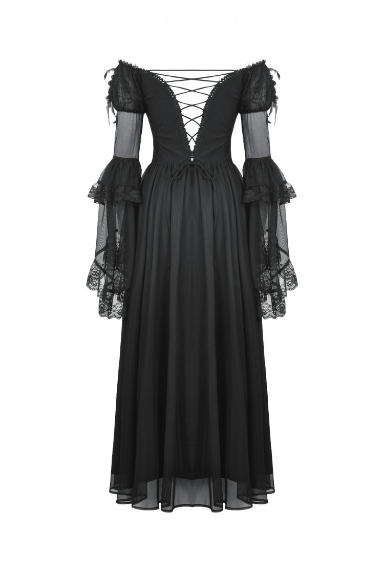 Elegant Gothic Off-Shoulder Tulle Gown with Lace Trim and Flared Sleeves