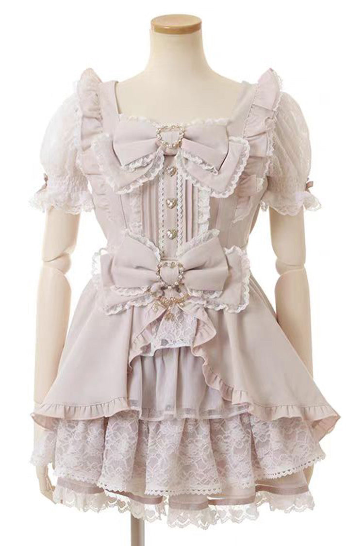 Cute Square-Neck Bow-Trimmed Short-Sleeve Lace Dress Set in Three Colors