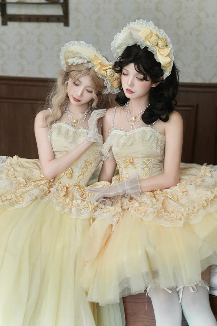 Yellow Off Shoulder Sweet Skirt with Lace and Bow - Sissi's Pilgrimage