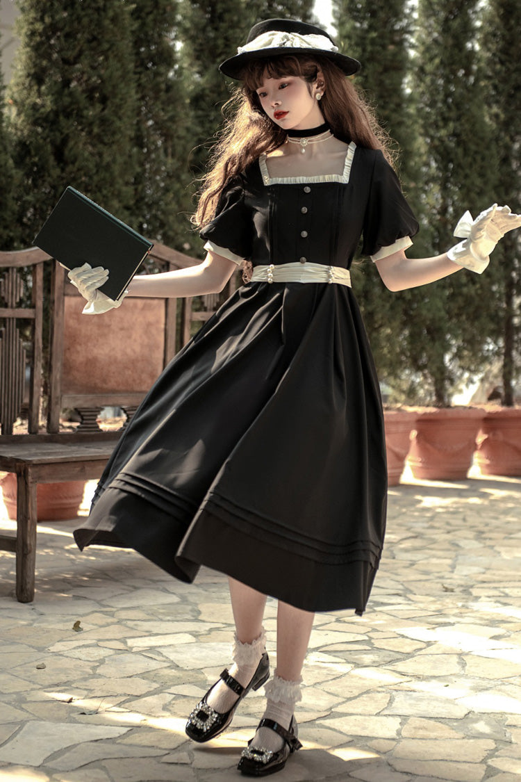 Black Random Thoughts Square Collar Classic Vintage Gown
