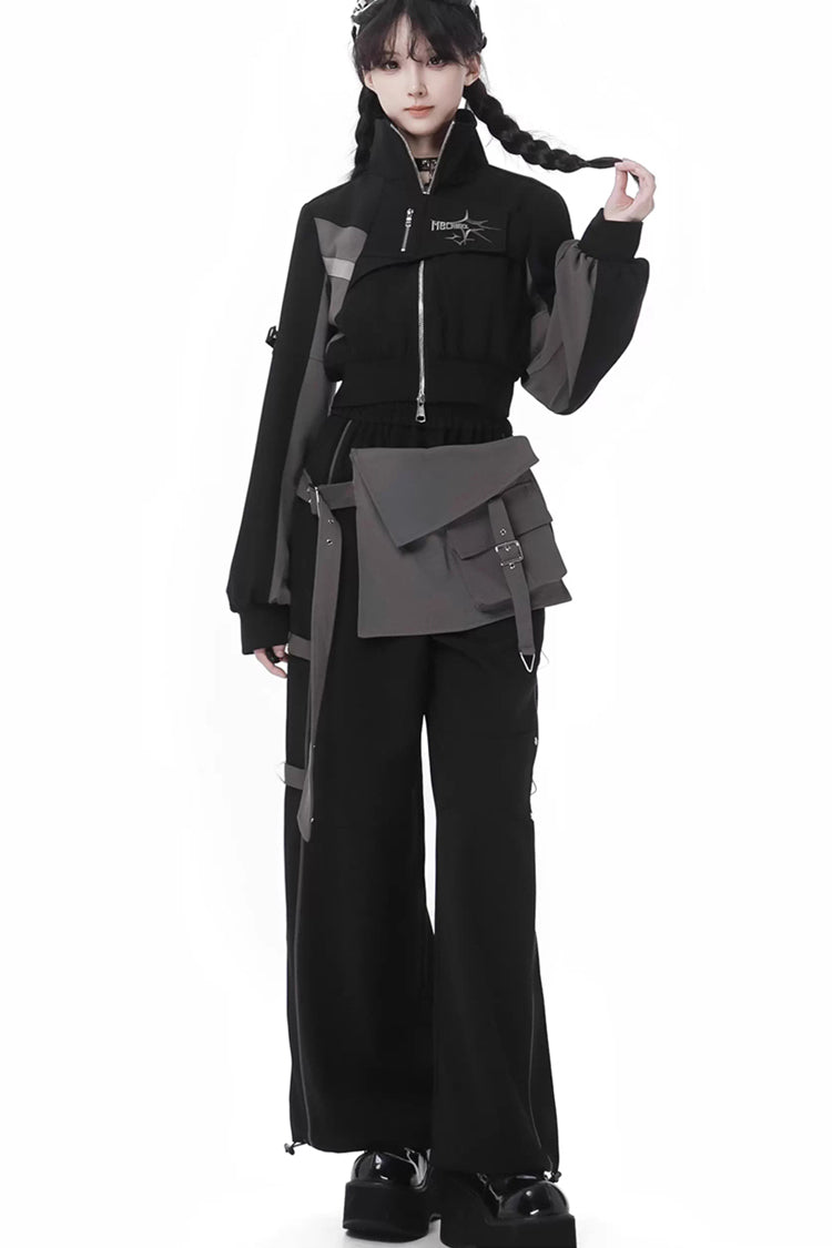 Holographic Techwear Spliced Zippered Gothic Pants Coat Set