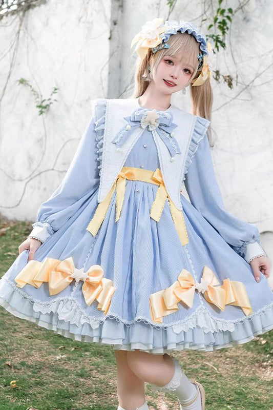 Azure Sleeping-Star Long-Sleeve Sweet Dress with Lace Stitching