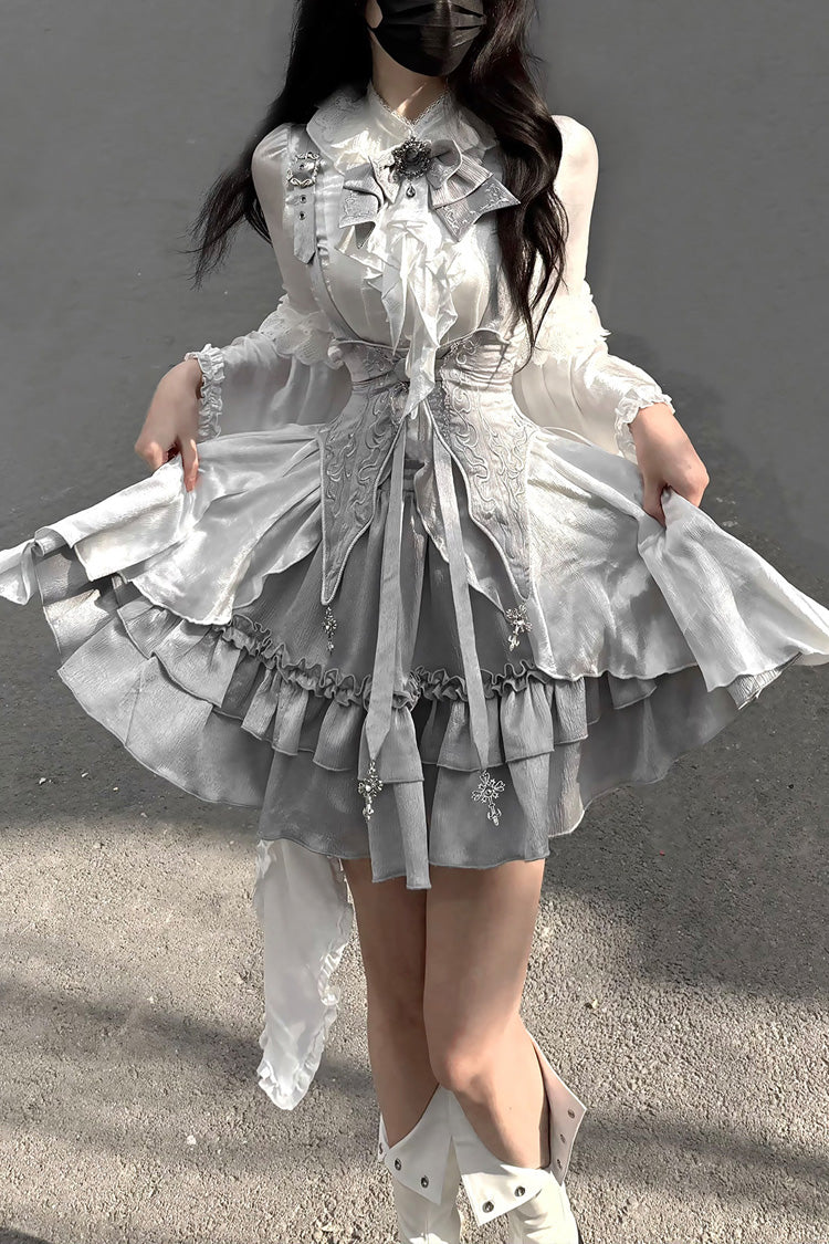 Ivory and Silver Key Embroidered Open-Front Bow Gothic Lolita Skirt Ensemble