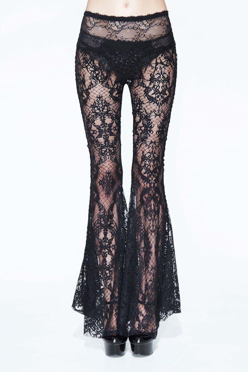 Beaded Lace Bellbottom Pants in Sheer Black