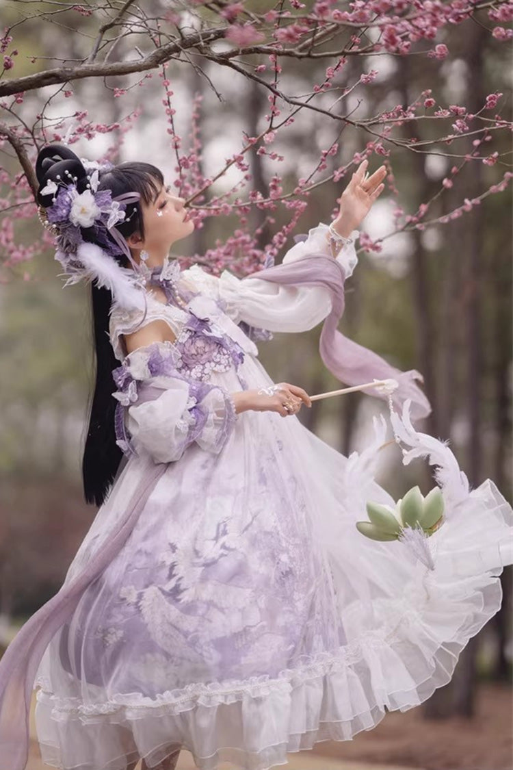 Ivory and Purple Square Neck High-Waist Printed Ruffled Lace Pearl-Trimmed Sweet Chinese Lolita JSK
