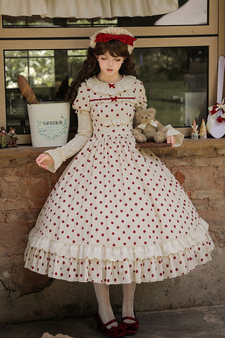 Apricot Sweet Elegant Lolita Dress with Cotton Round Collar Long Lantern Sleeves Polka Dot Print Ruffled Bow Lace