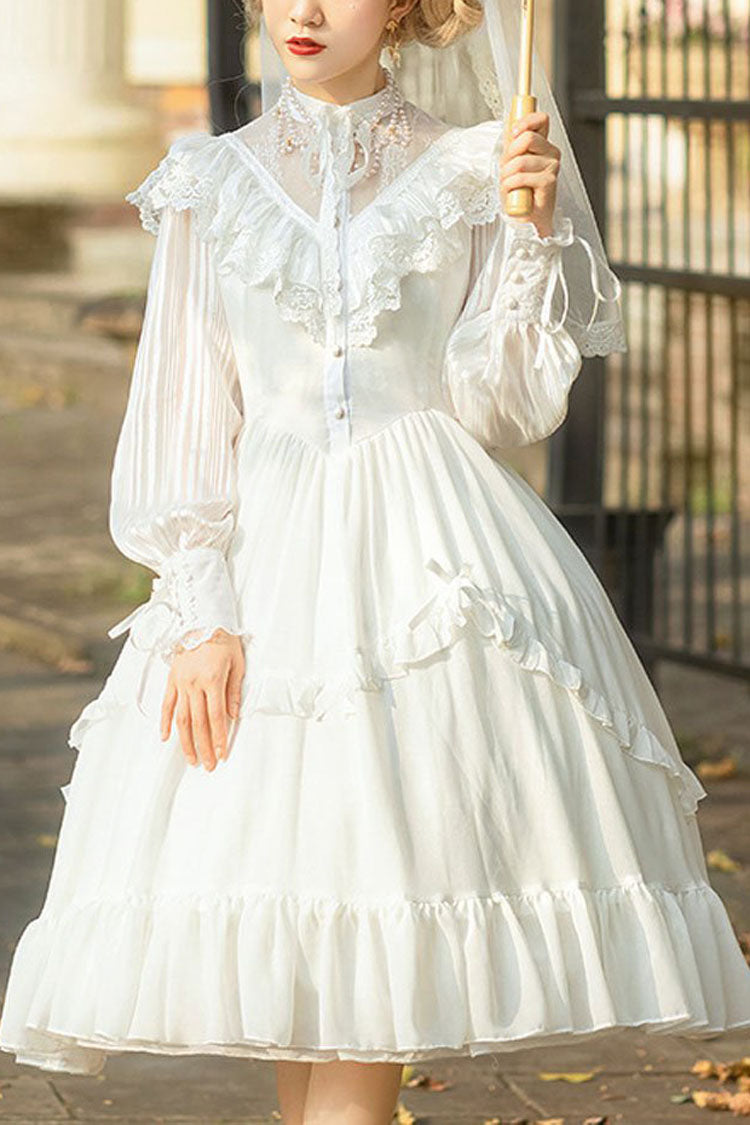 White Hollow V Neck Gothic Lolita Dress Long Sleeves Bowknot Ruffled - Altfashion Shop