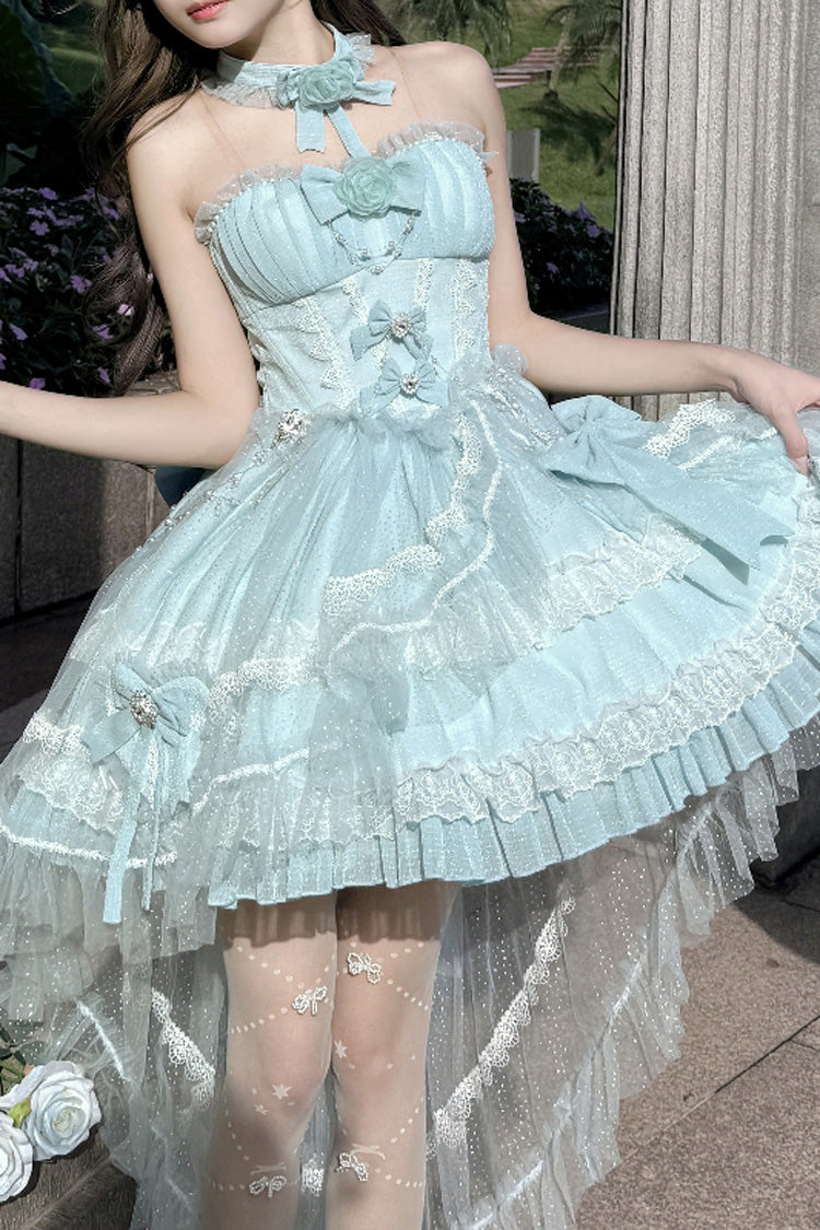 Blue Galaxy-Printed Sweet Tube Top Dress with Ruffles