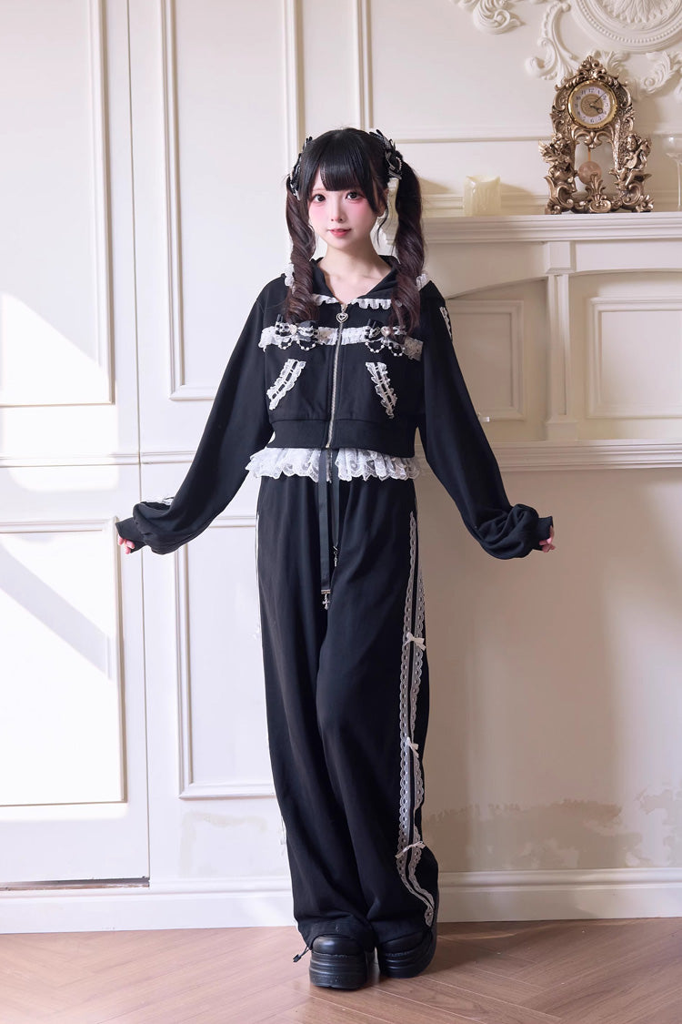 Hooded Bow Lace Hoodie & Pants - Jirai Kei Set