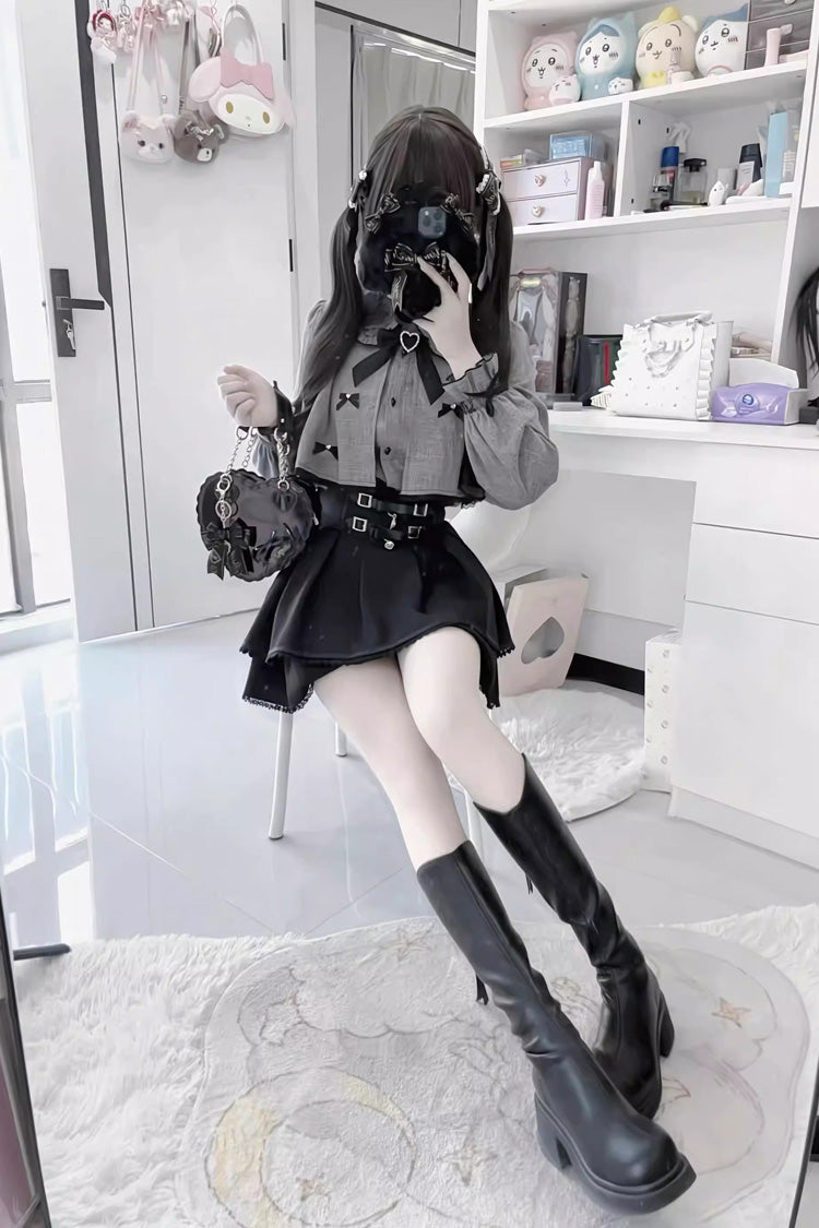 Belt Buckle Ruffled Long Sleeve Jirai Kei Set