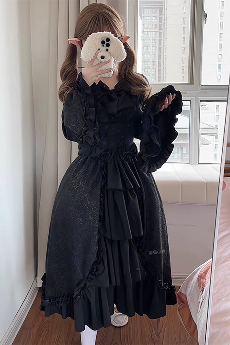 Noir Ruffle Cardigan with Bow Accents and Princess Sleeves