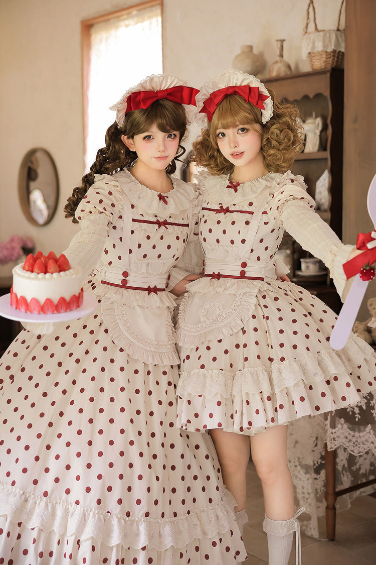 Apricot Sweet Elegant Lolita Dress with Cotton Round Collar Long Lantern Sleeves Polka Dot Print Ruffled Bow Lace