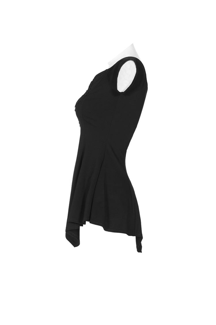 Gothic Tee with Lace Embroidery and Frilled Hem for Women