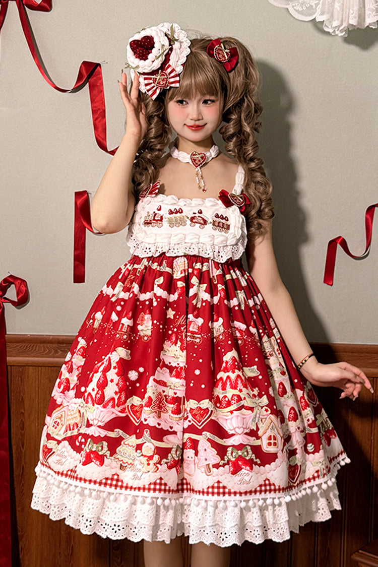 Mint Strawberry Dessert Printed High-Waisted Sweet Lolita JSK Dress - Ruffled