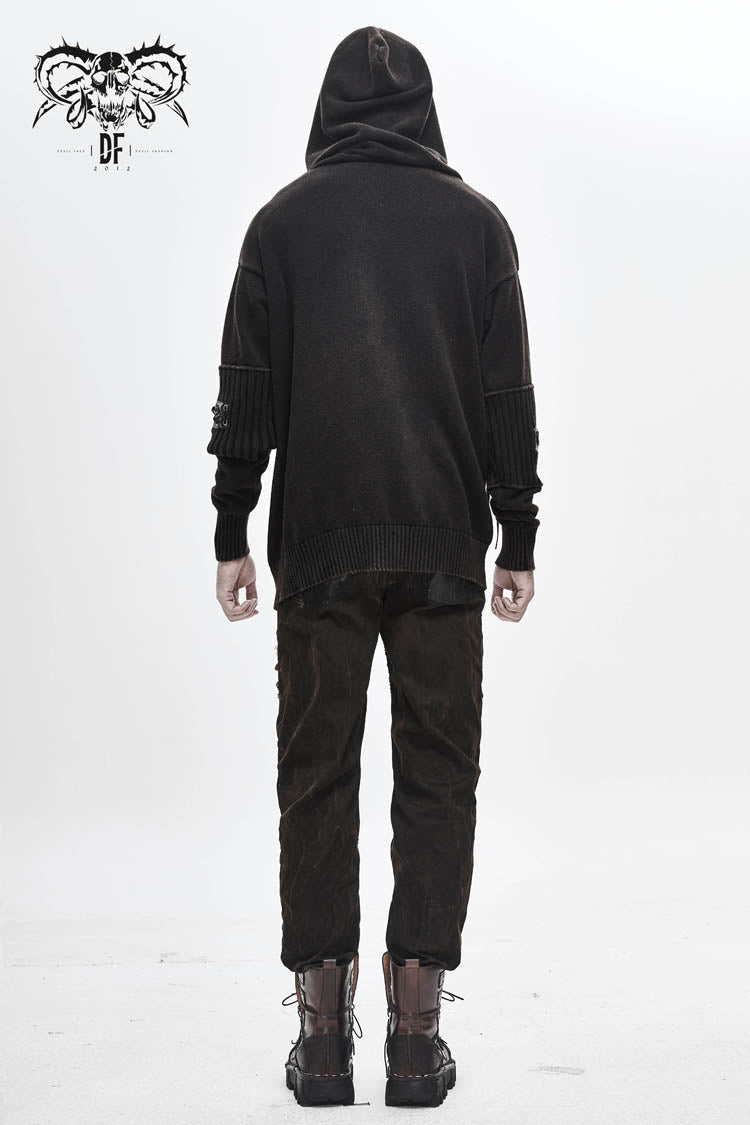 Worn-Out Elbow Leather Strip Lace-Up Hooded Coarse Knit Punk Sweater