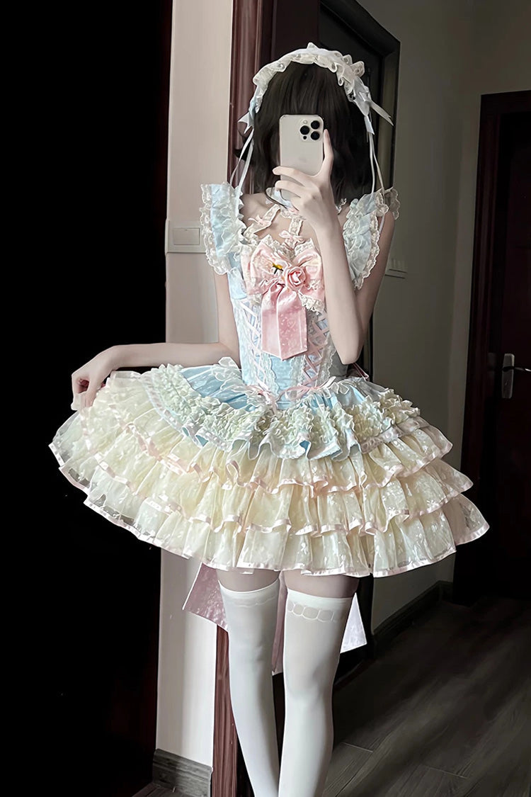 Sweet Ballet Lolita JSK Dress with Ruffled Bowknot and Rose Lace - Blue